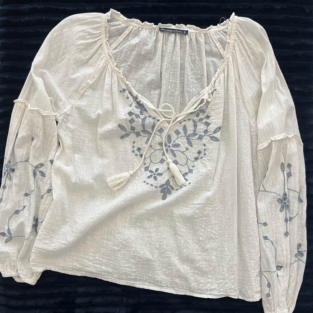 Embroidered Boho Cream Blouse with Gray Accents